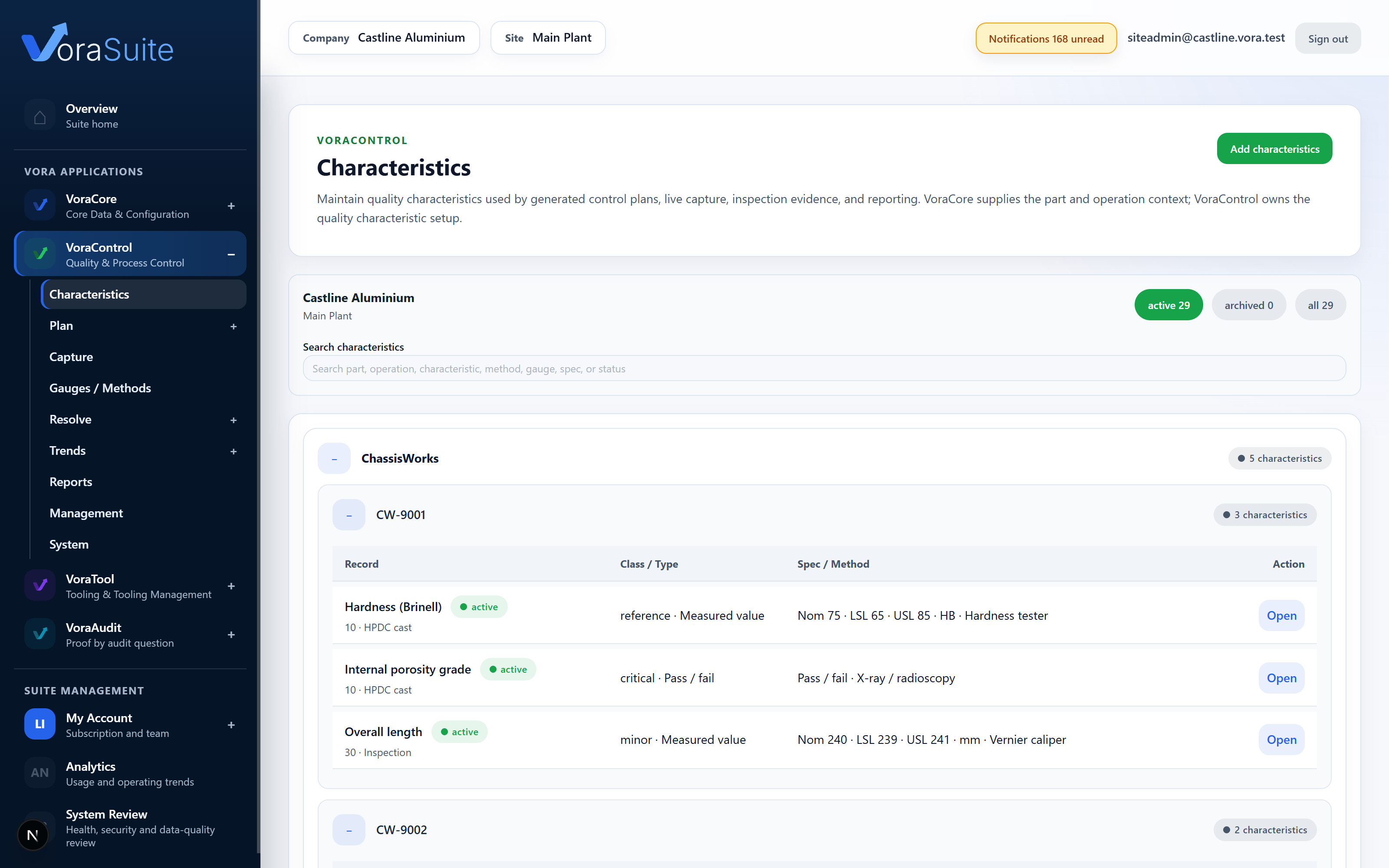 VoraControl characteristics planner defining part characteristics for control plans.