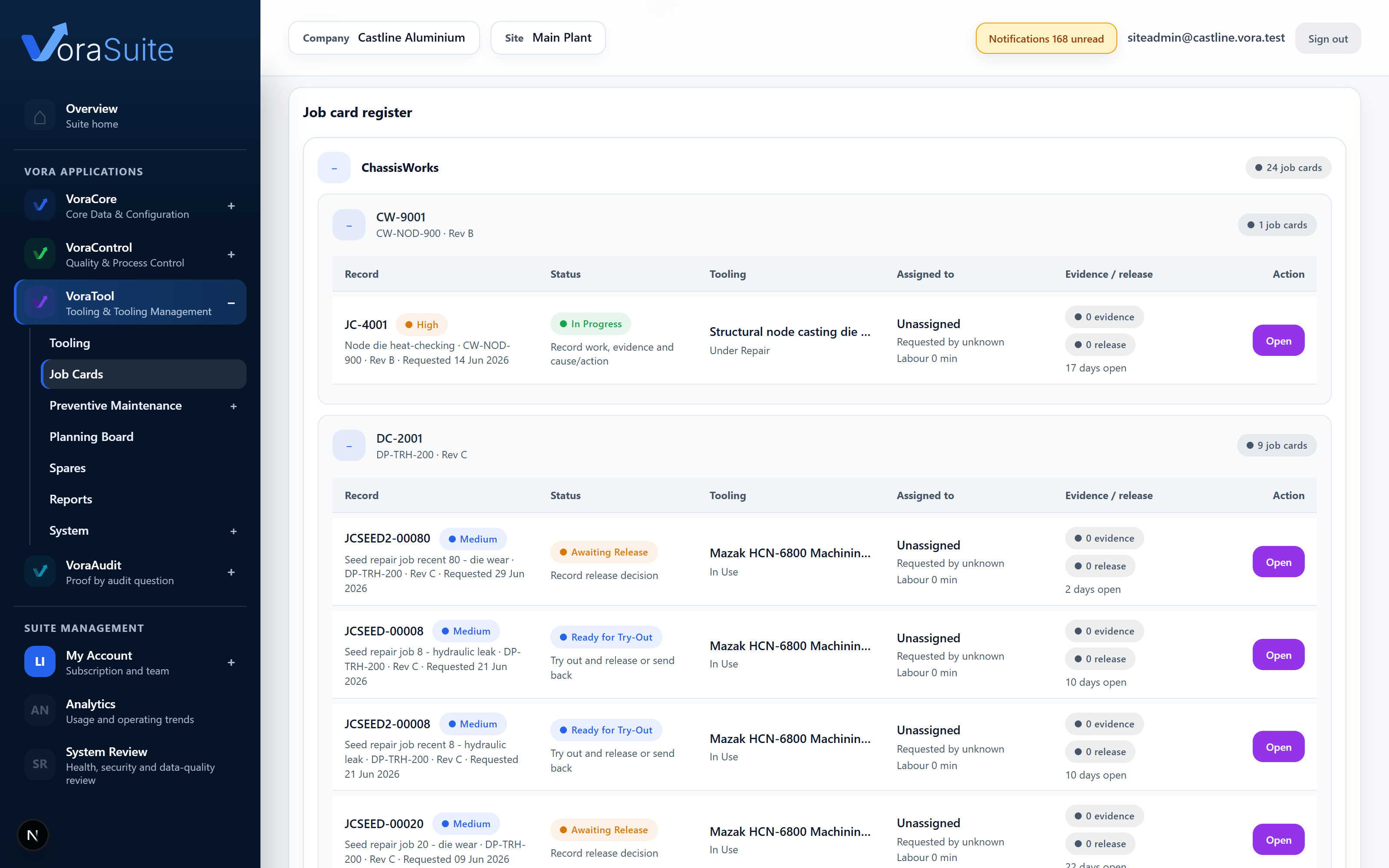 VoraTool job card register with repair and service jobs by tool and status.