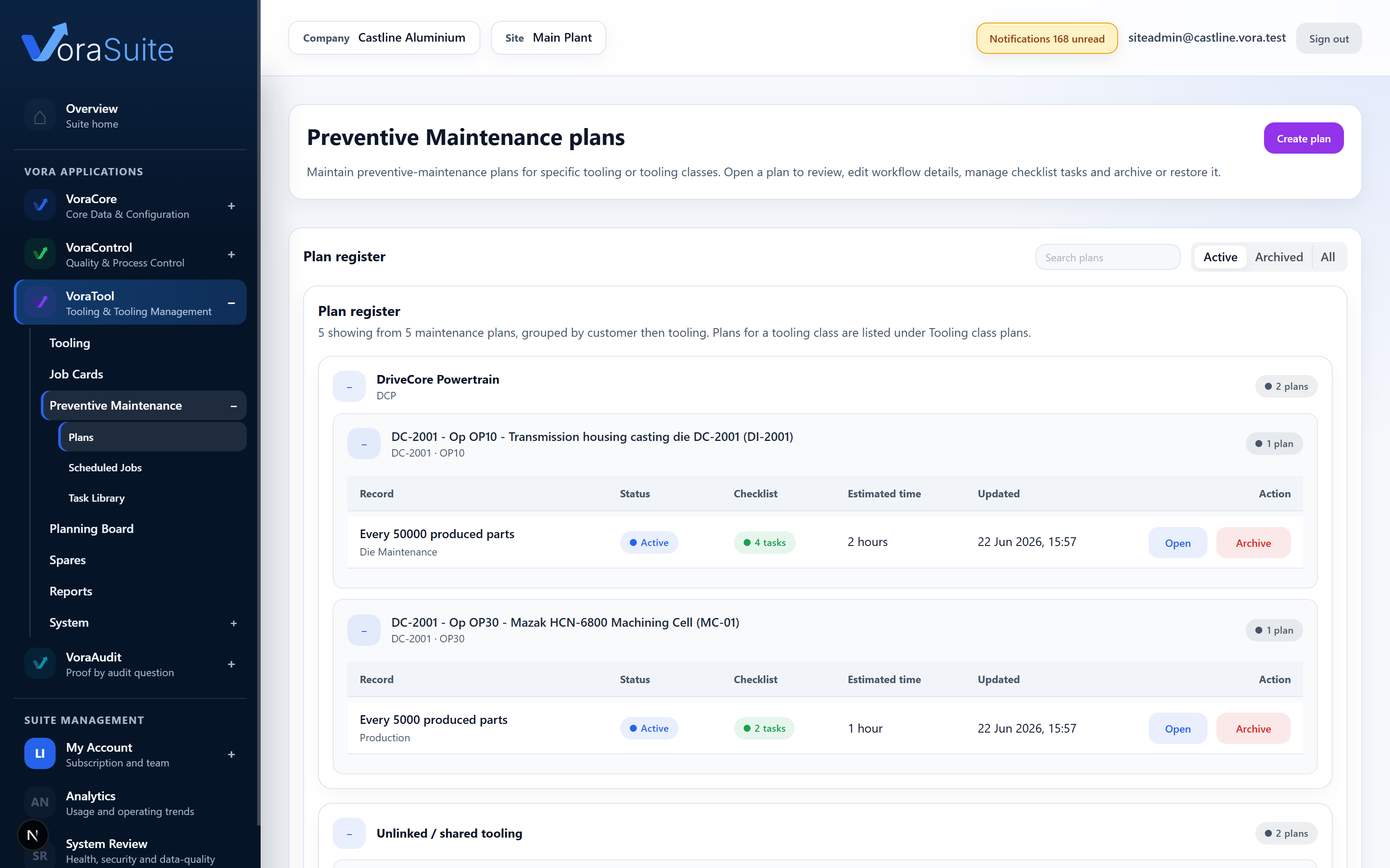 VoraTool preventive maintenance schedule with upcoming and due tooling tasks.